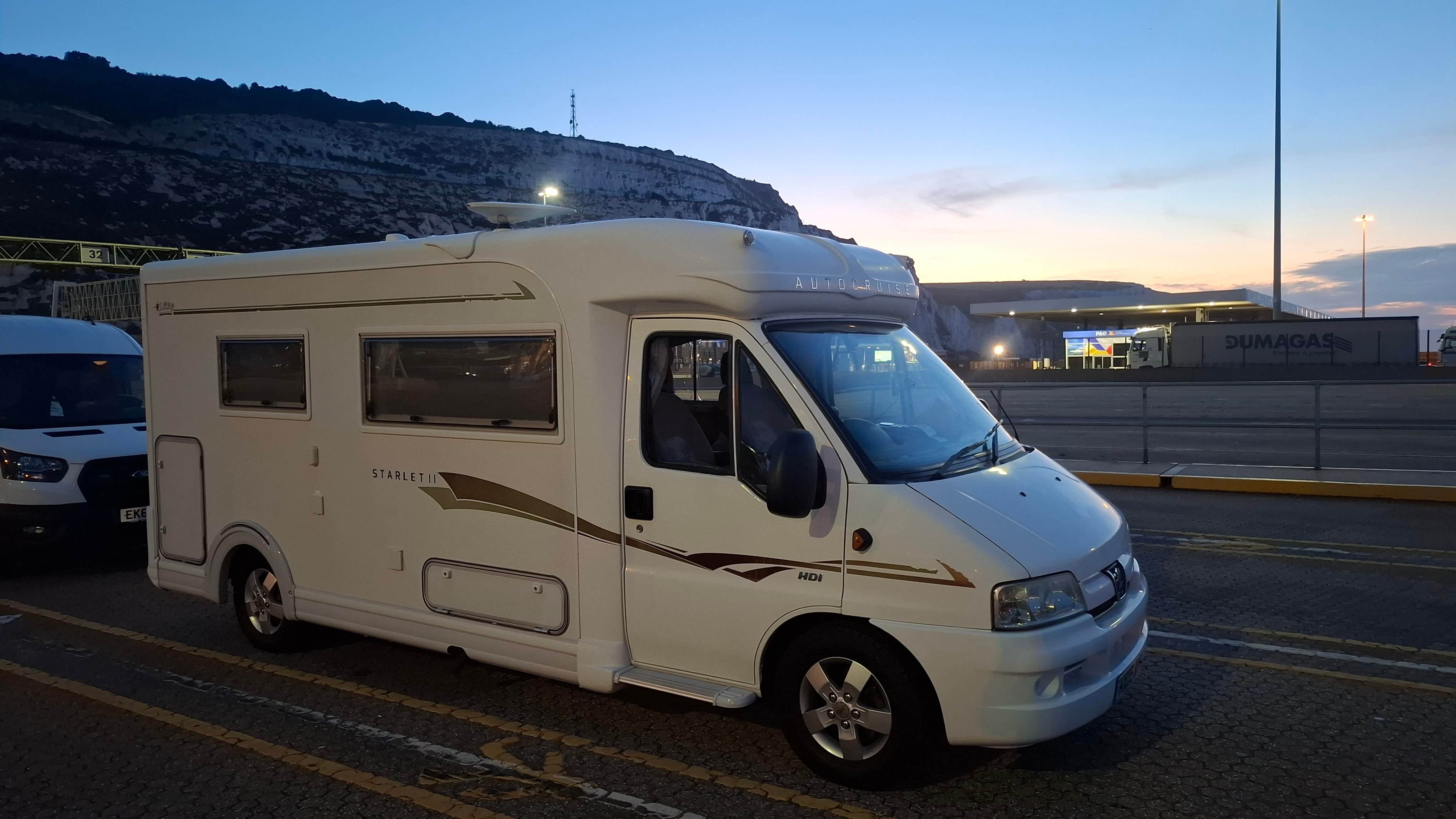 The motorhome at the port before dawn