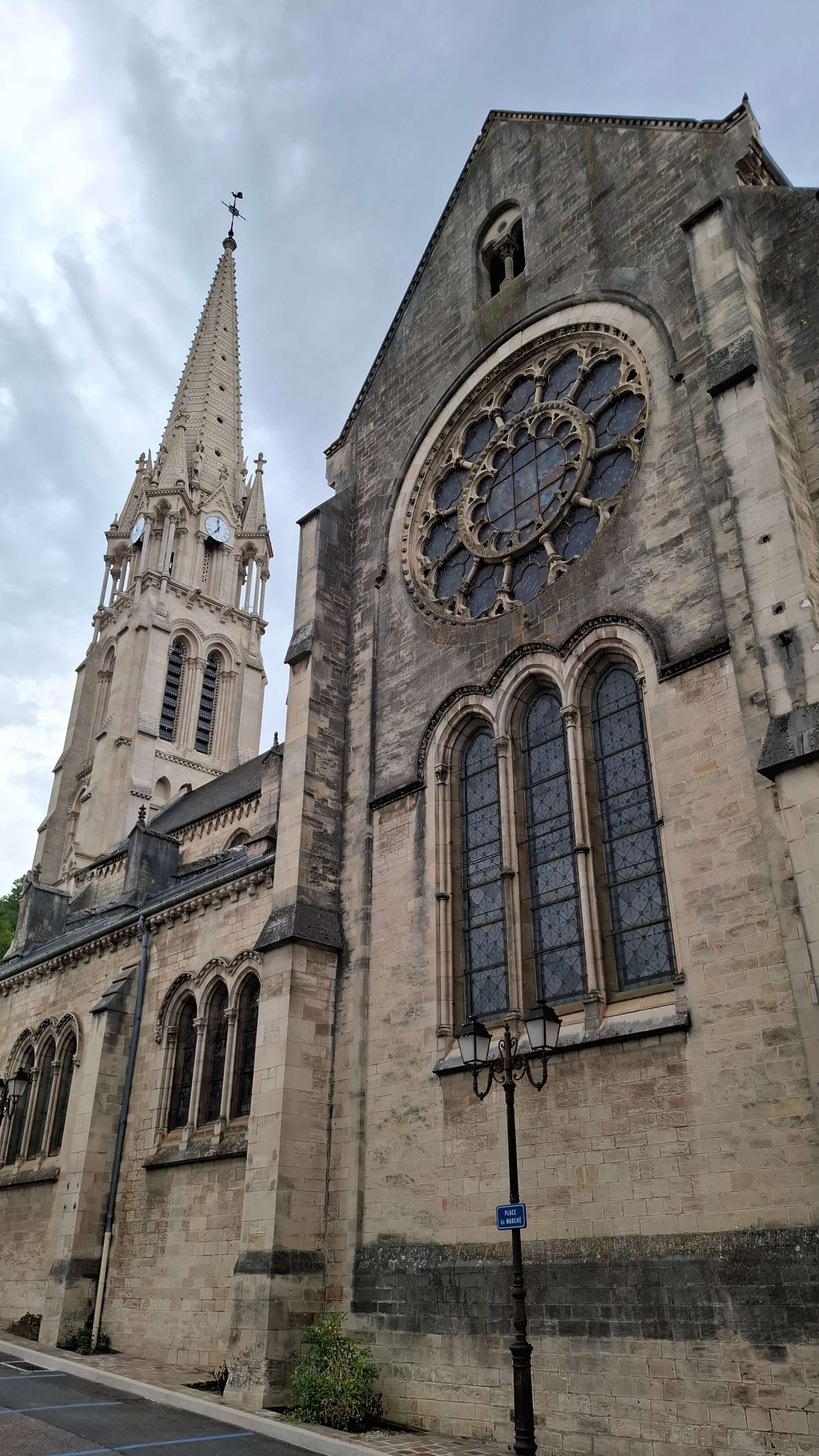 The church up close - rose window and spire