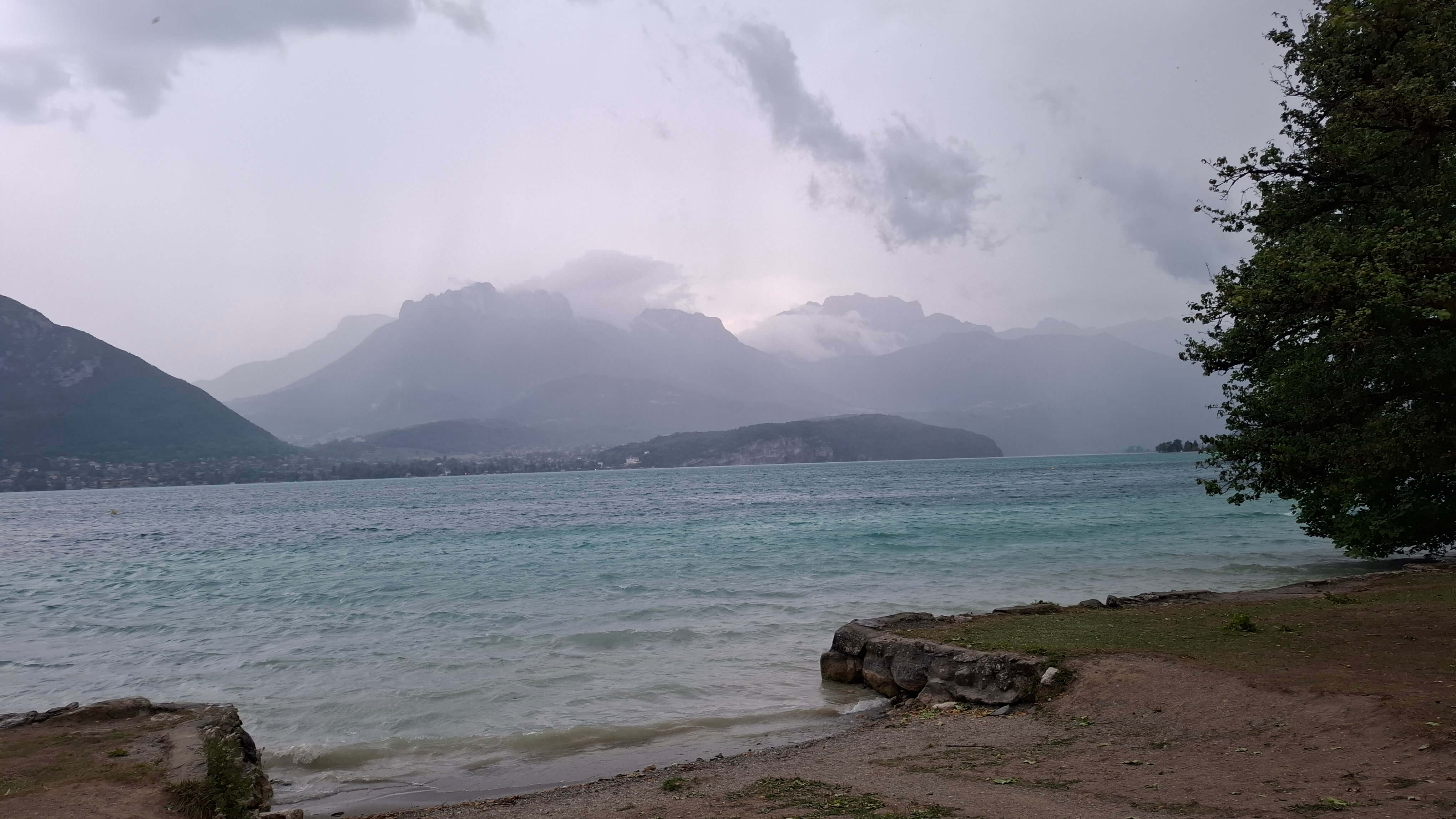 Rain lashing across the lake mid-storm