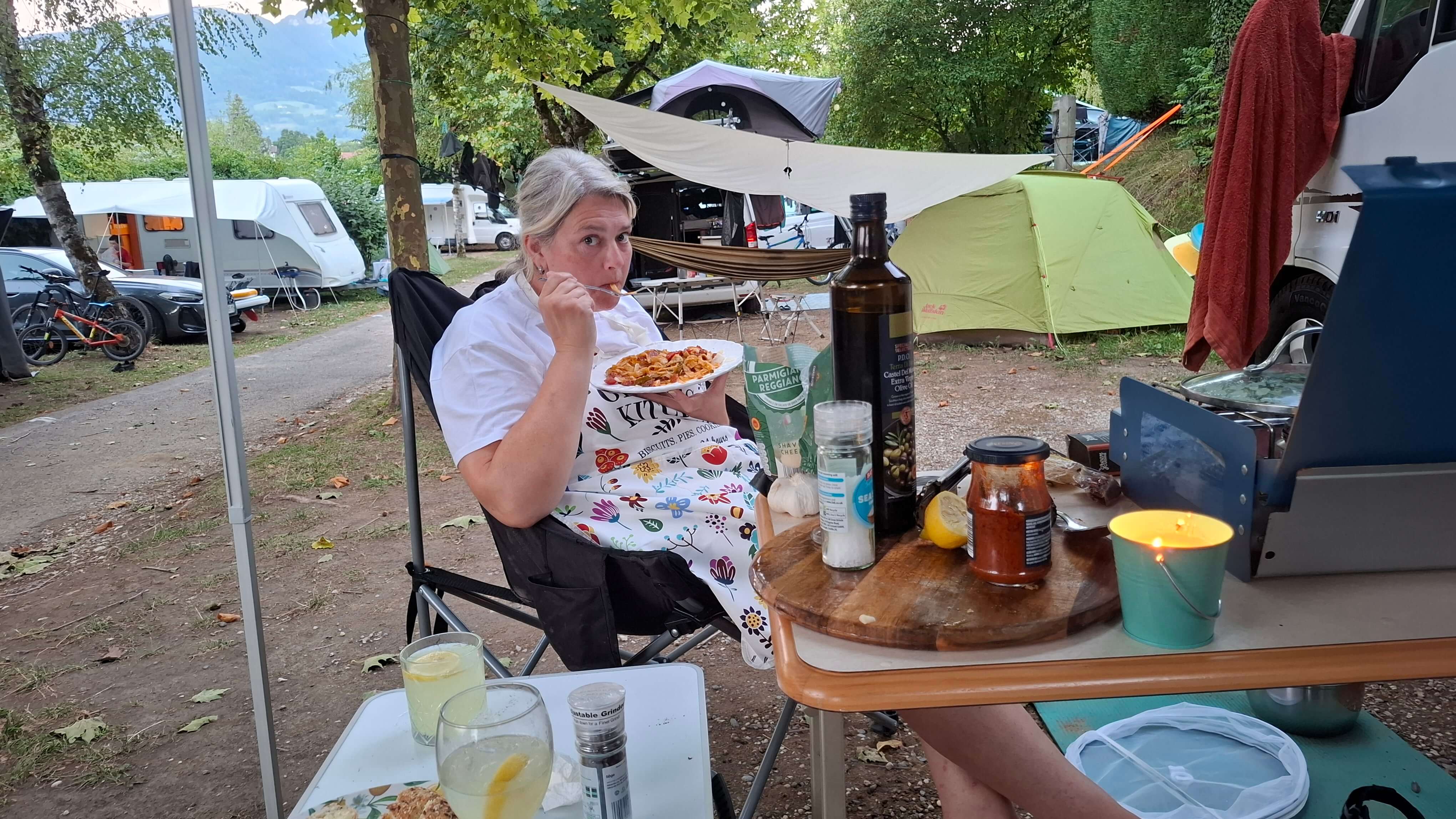 Eating by candlelight at the campsite