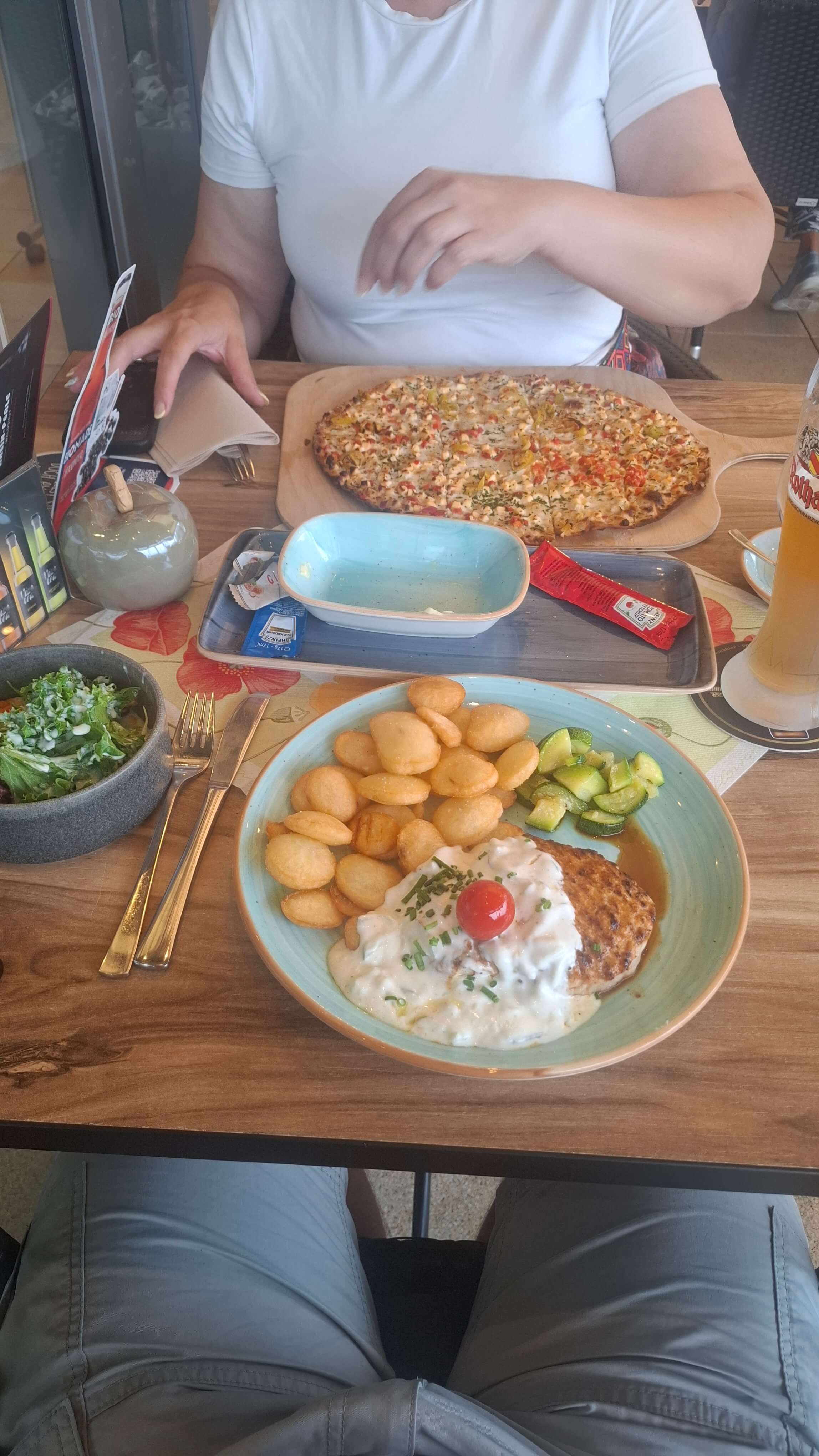 German lunch spread with Flammkuchen and pork